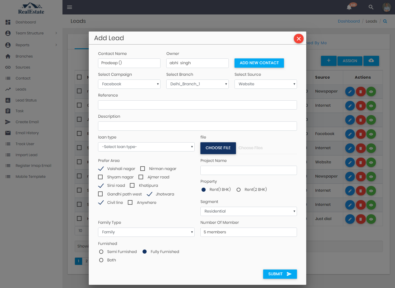VS CRM specialized loan contact screen